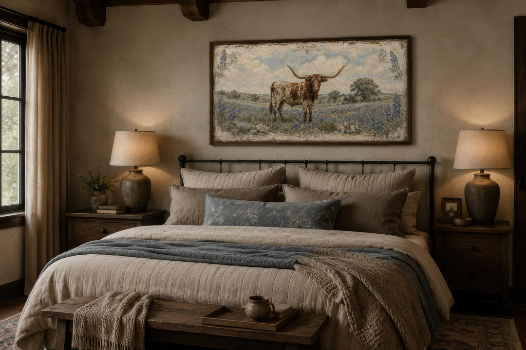 Rustic framed canvas print of a Texas Longhorn in a bluebonnet field above a farmhouse bed.