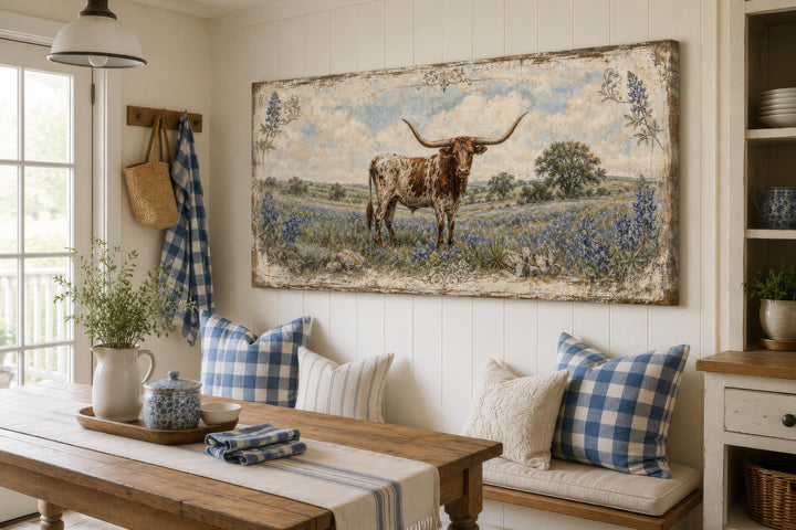 Rustic Texas Longhorn canvas print in a bluebonnet field, styled in a farmhouse dining nook.