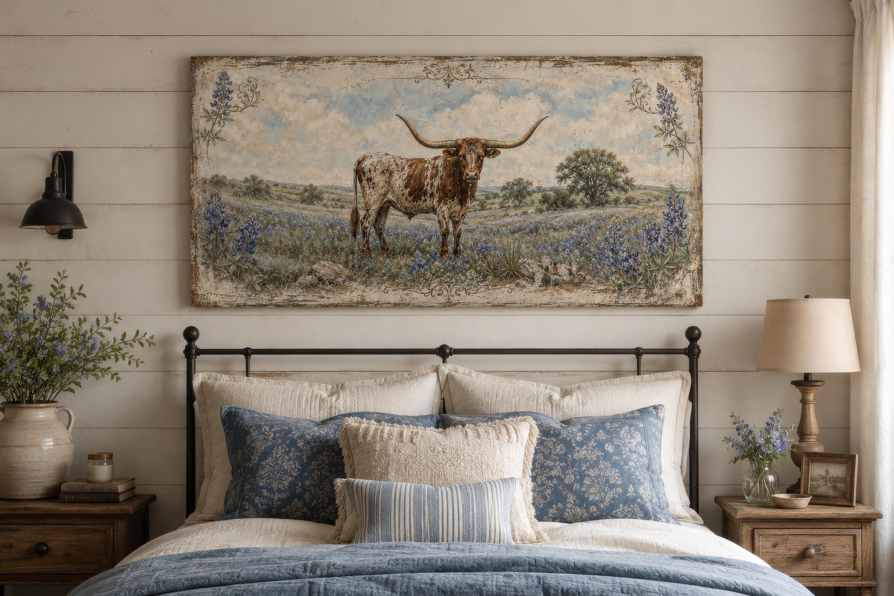 Texas Longhorn Wall Art | Vintage Farmhouse Canvas Print – Wall