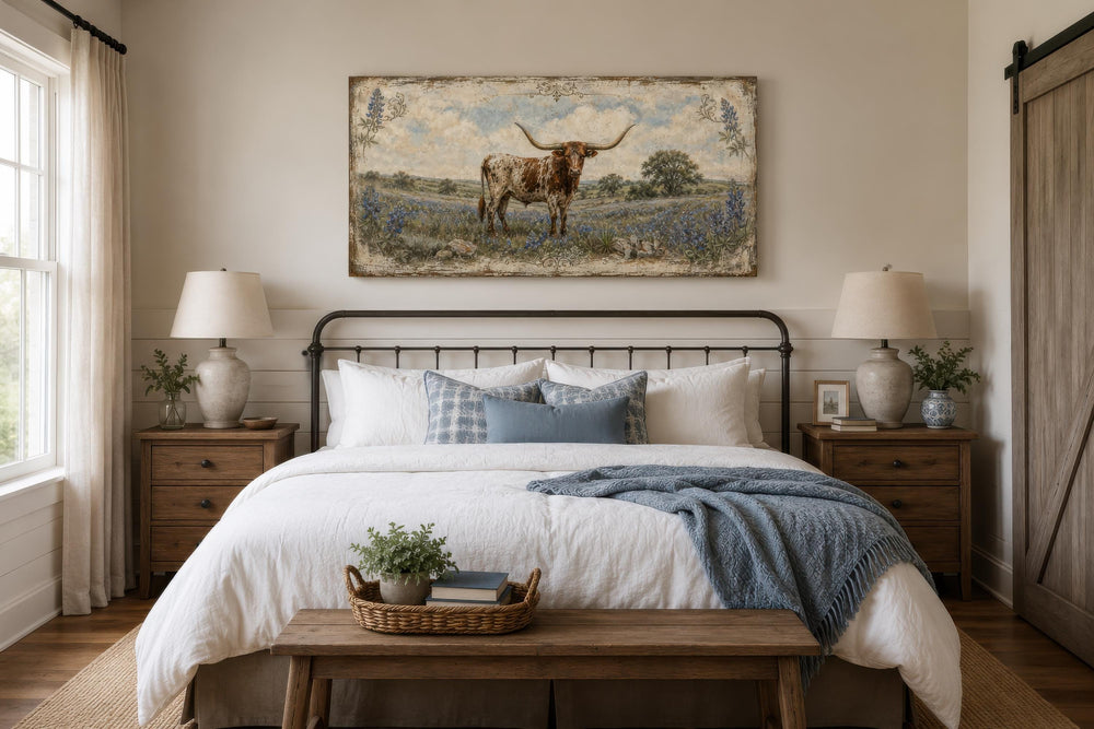 Rustic Texas Longhorn canvas print in a field of bluebonnets above a farmhouse bed.