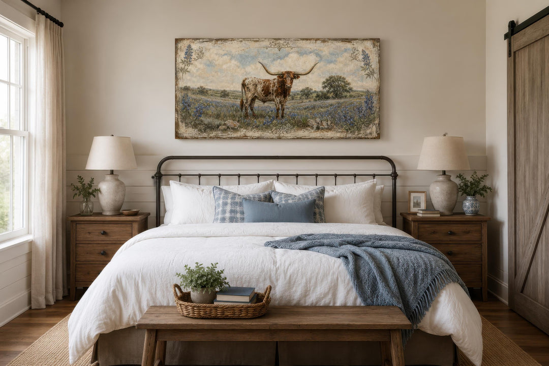 Rustic Texas Longhorn canvas print in a field of bluebonnets above a farmhouse bed.