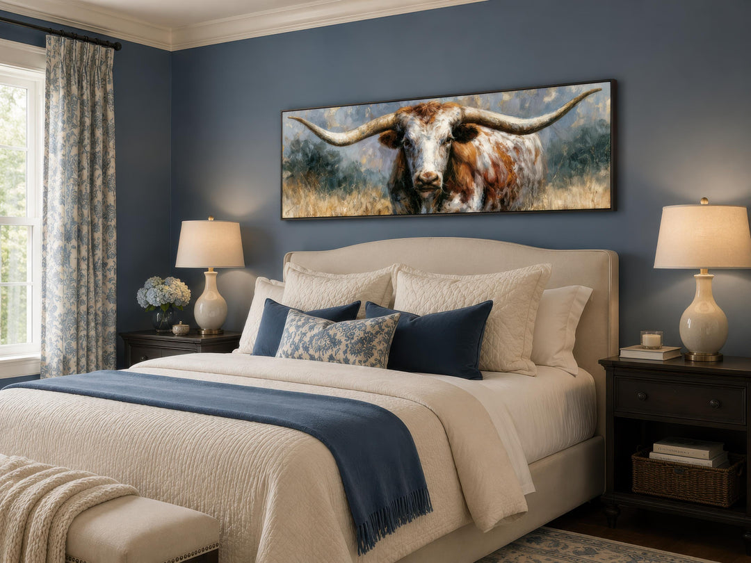 Long narrow Texas Longhorn canvas wall art hanging above a bed in a blue-walled bedroom.