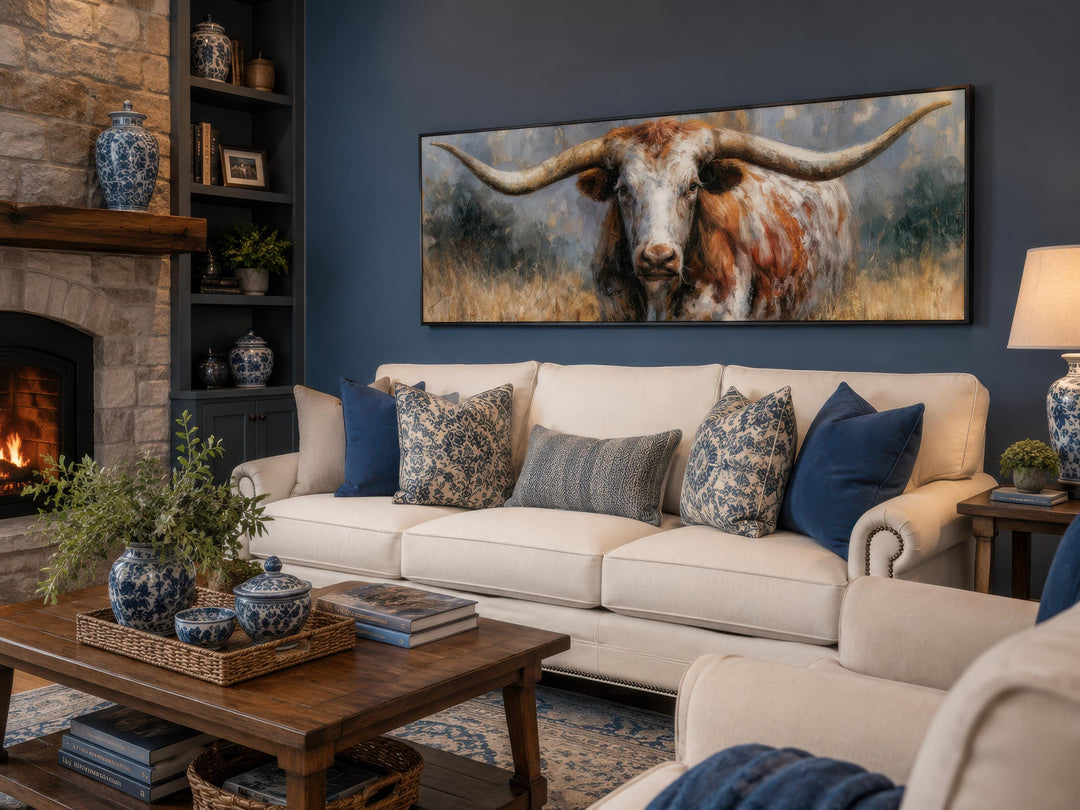 Long narrow canvas print of a Texas Longhorn bull hanging above a white sofa in a blue living room.
