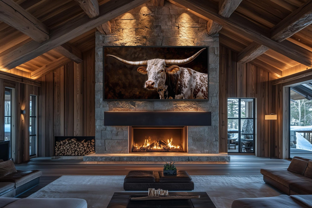 Texas Longhorn canvas print featuring a rustic cattle painting above a stone fireplace in a cabin.