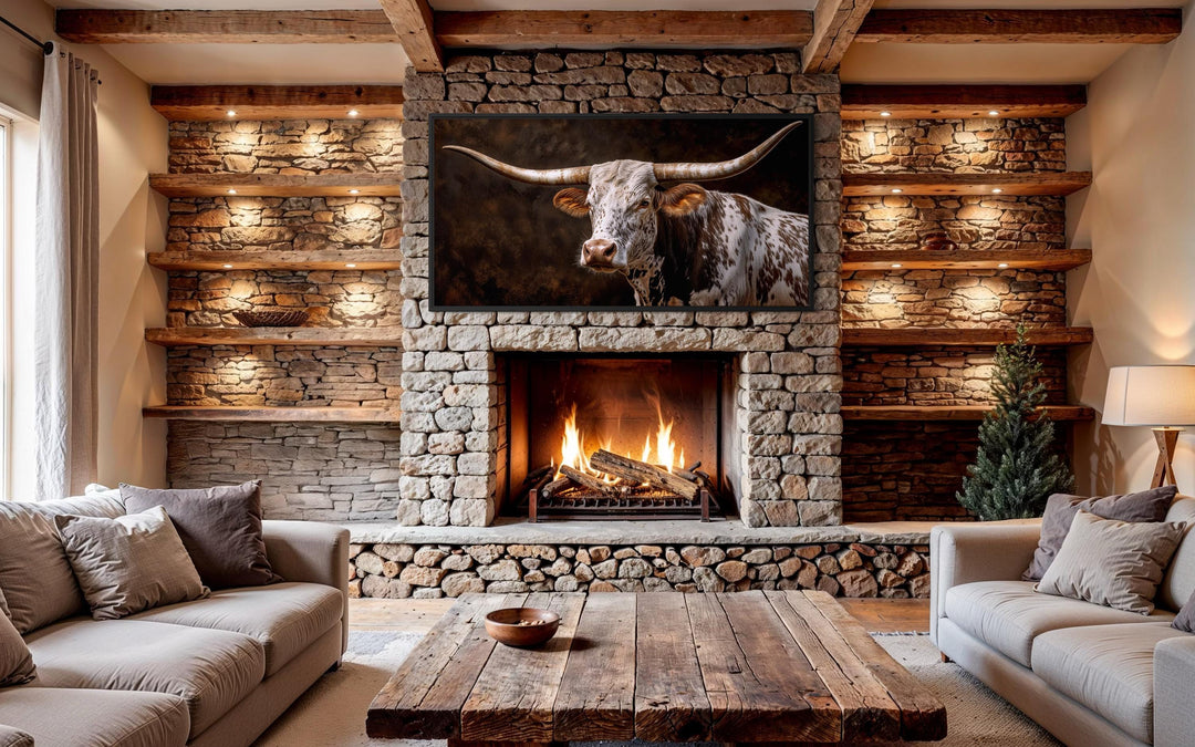 A rustic canvas print of a Texas Longhorn displayed above a stone fireplace in a cozy living room.