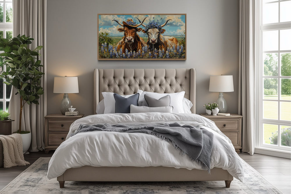 Texas Longhorn Wall Art – Rustic Western Canvas With Bluebonnets & Cowboy Hats