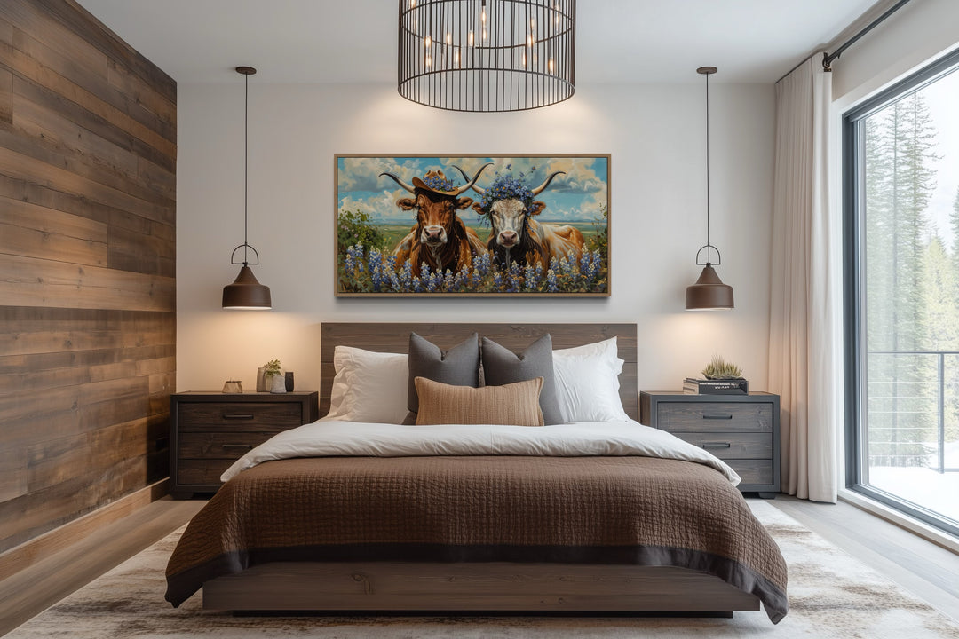 Texas Longhorn Wall Art – Rustic Western Canvas With Bluebonnets & Cowboy Hats