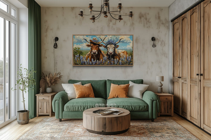Texas Longhorn Wall Art – Rustic Western Canvas With Bluebonnets & Cowboy Hats
