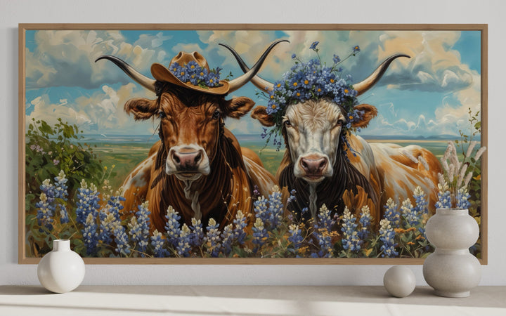 Texas Longhorn Wall Art – Rustic Western Canvas With Bluebonnets & Cowboy Hats