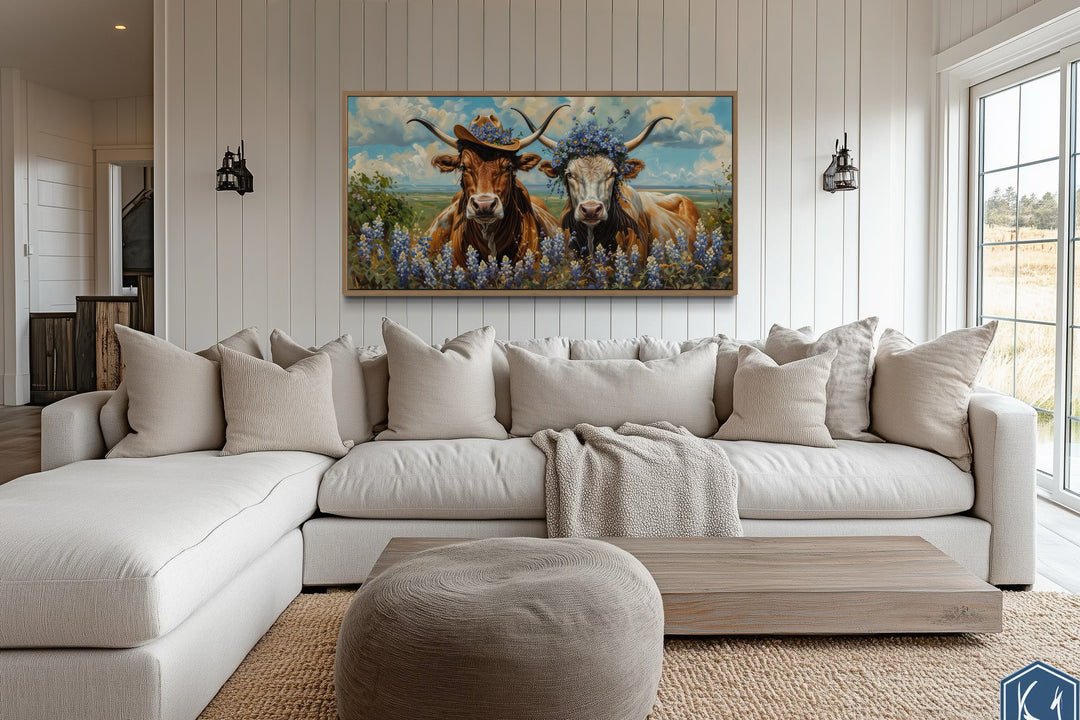 Texas Longhorn Wall Art – Rustic Western Canvas With Bluebonnets & Cowboy Hats