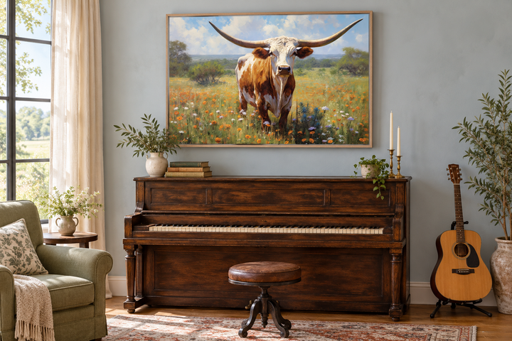 Framed canvas wall art of a Texas Longhorn cow in a wildflower field hanging above a wooden piano.