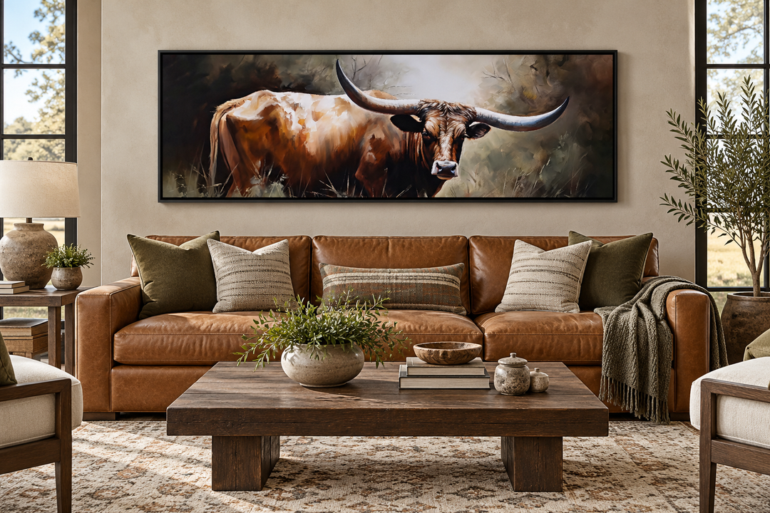 Panoramic framed canvas wall art of a Texas Longhorn steer hanging above a cognac leather sofa.