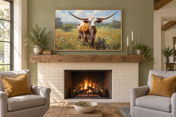 Framed canvas painting of a Texas Longhorn cow in a wildflower field above a white brick fireplace.