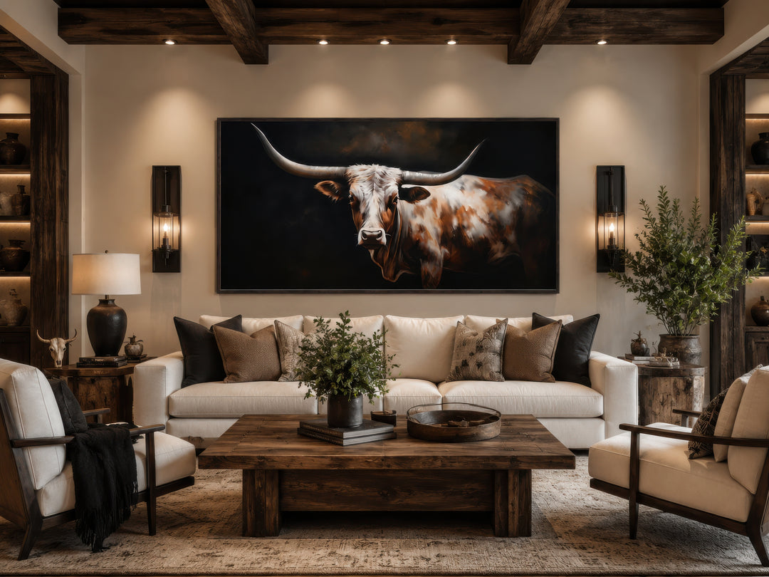 Extra large framed canvas wall art of a Texas Longhorn cow in a rustic farmhouse living room.