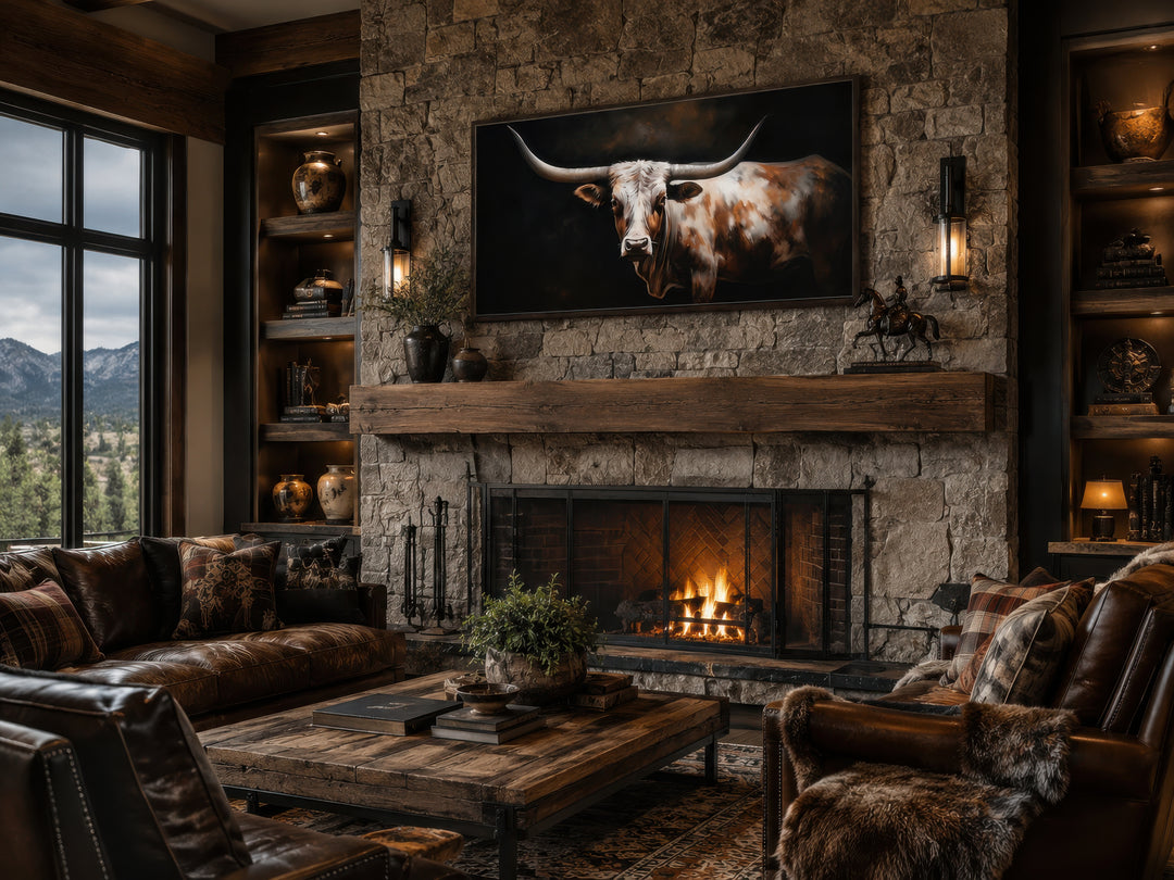 Extra large framed canvas wall art of a Texas Longhorn cow above a rustic stone fireplace.