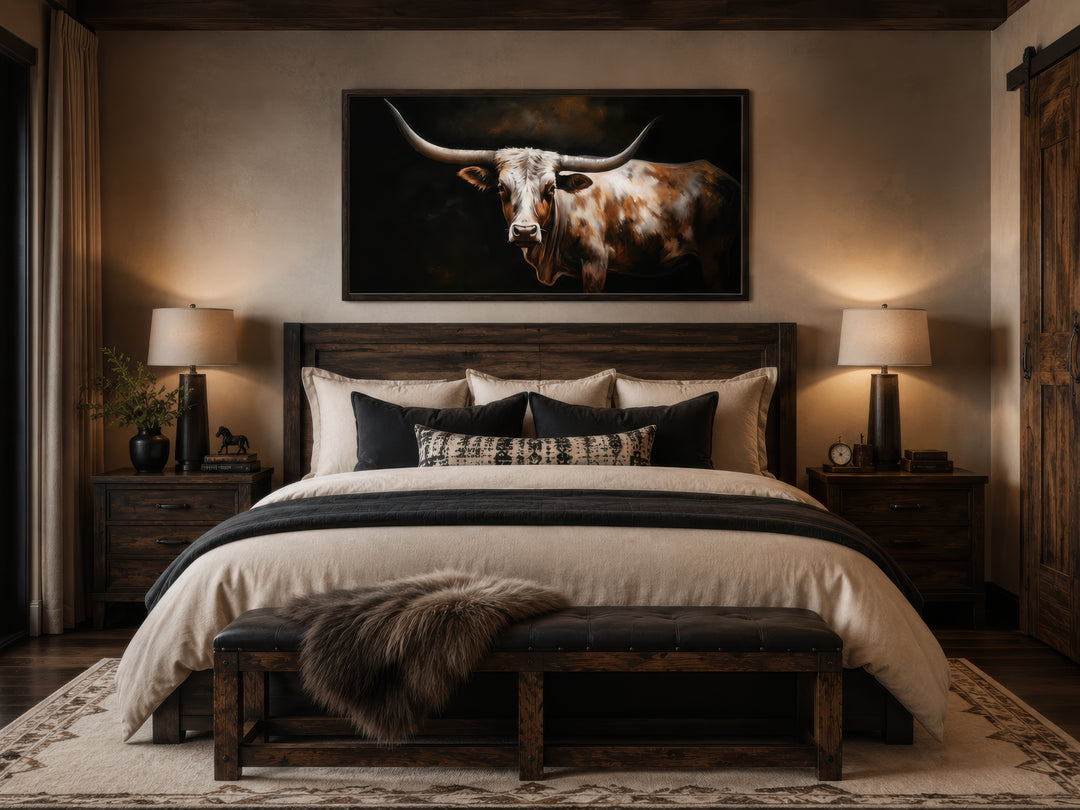 Extra large framed canvas wall art of a Texas Longhorn cow above a bed in a rustic bedroom.
