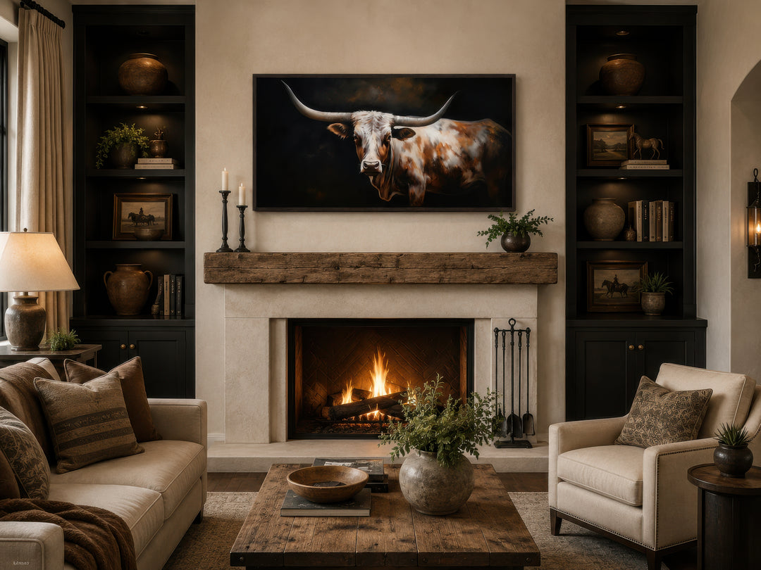 Extra large framed canvas wall art of a Texas Longhorn cow above a rustic fireplace mantel.