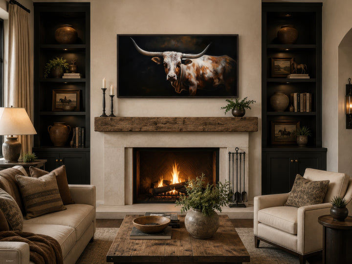 Extra large framed canvas wall art of a Texas Longhorn cow above a rustic fireplace mantel.