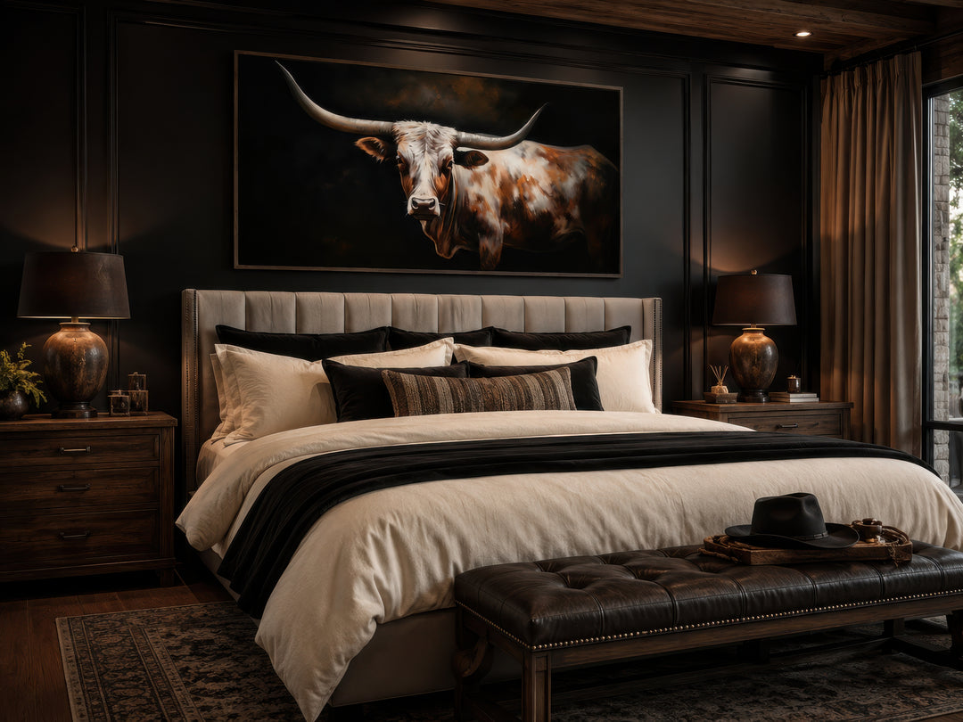 Extra large framed canvas wall art of a Texas Longhorn cow hanging above a bed in a dark bedroom.