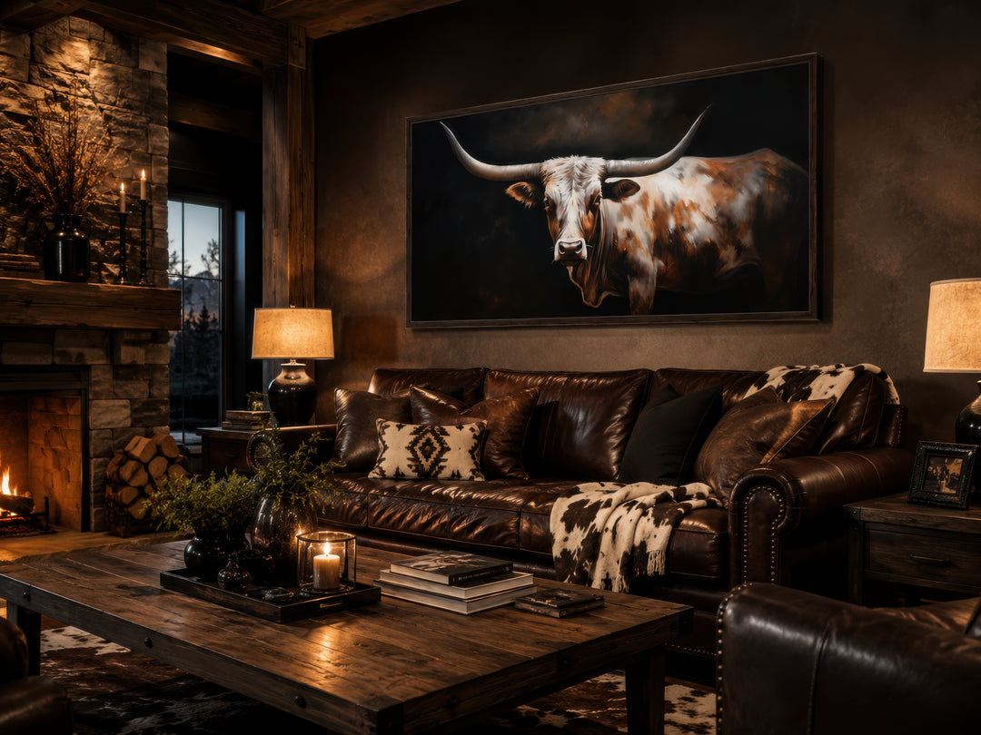 Extra large framed canvas wall art of a Texas Longhorn cow in a rustic living room setting.