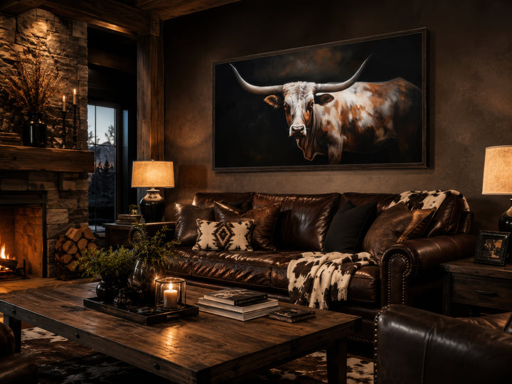 Extra large framed canvas wall art of a Texas Longhorn cow in a rustic living room setting.