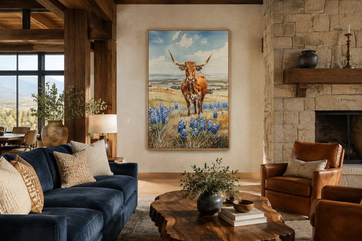 Vertical framed canvas wall art of a Texas longhorn cow in a field of bluebonnets.