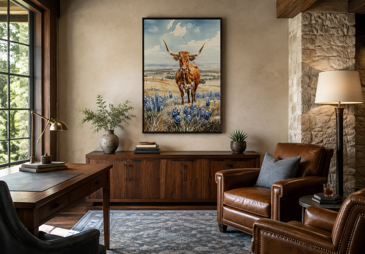 Vertical framed canvas wall art of a Texas longhorn cow grazing in a field of bluebonnets.