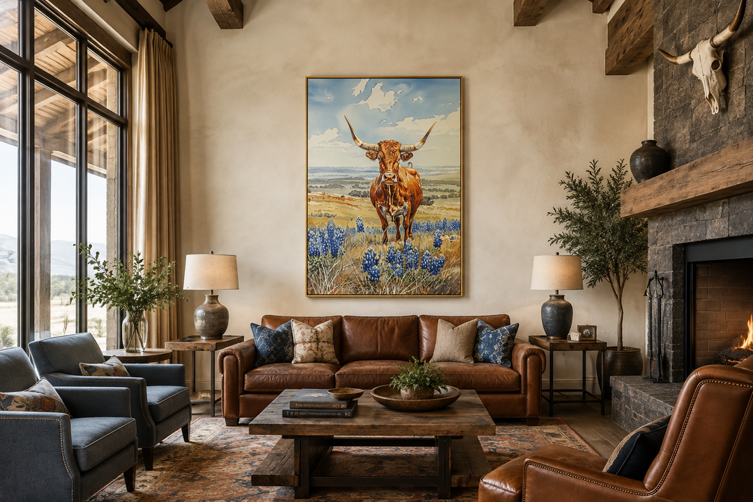 Vertical framed canvas wall art of a Texas longhorn cow in a bluebonnet field above a leather sofa.