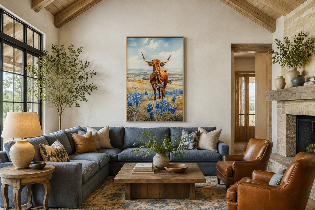 Vertical framed canvas wall art of a Texas longhorn cow in a field of bluebonnets above a blue sofa.