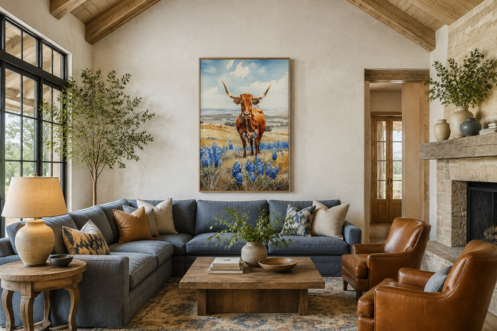 Vertical framed canvas wall art of a Texas longhorn cow in a field of bluebonnets above a blue sofa.