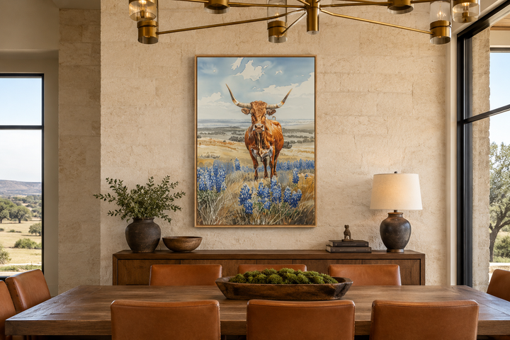 Vertical framed canvas wall art of a Texas longhorn cow in a field of bluebonnets.