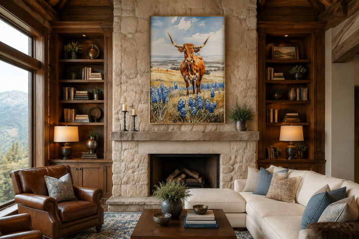 Vertical framed canvas wall art of a Texas longhorn cow in a bluebonnet field above a fireplace.