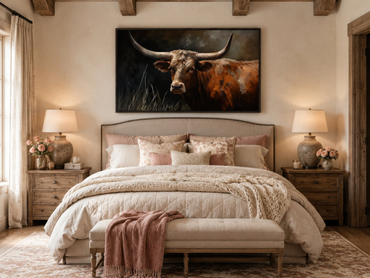 Framed canvas wall art of a Texas Longhorn cow hanging above a bed in a rustic bedroom.