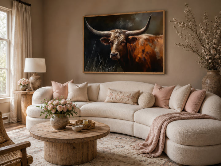 Brown Texas Longhorn cow framed canvas wall art hanging above a white sectional sofa.