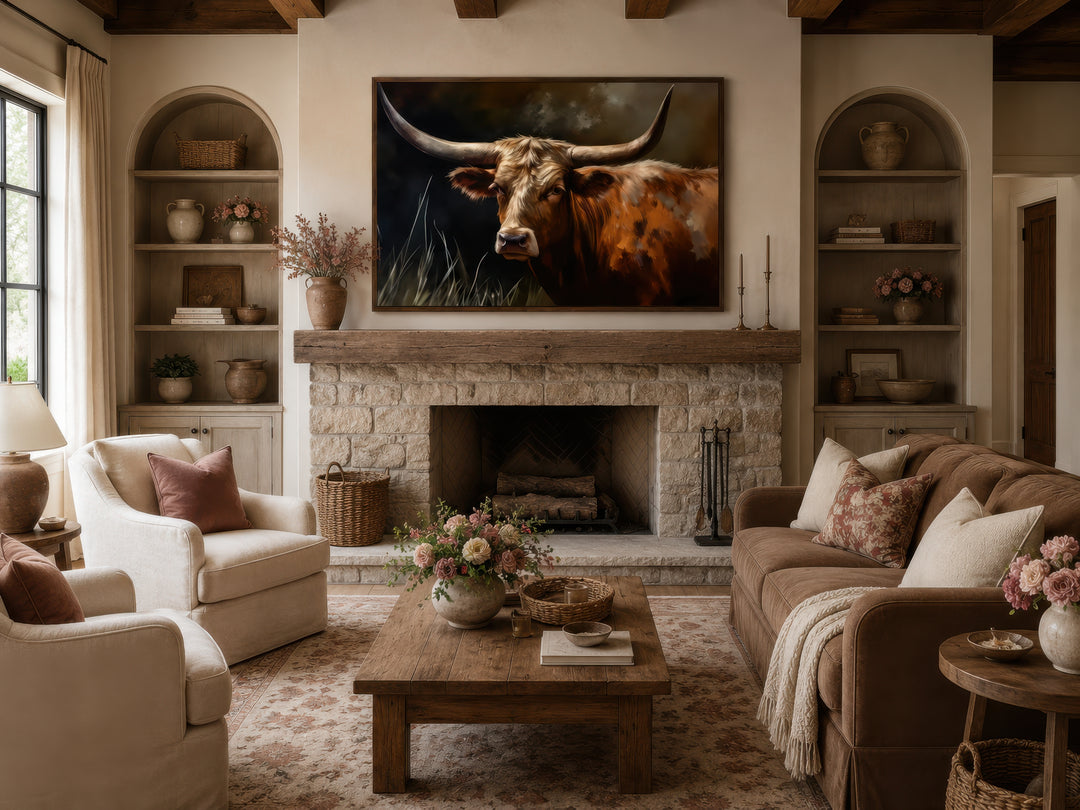 Brown Texas Longhorn cow framed canvas wall art hanging above a stone fireplace in a living room.
