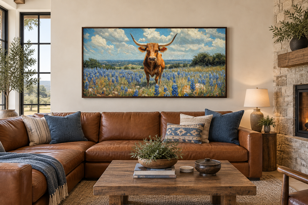Framed canvas wall art of a Texas longhorn cow standing in a field of bluebonnets above a sofa.