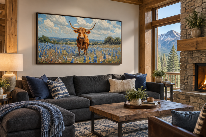 Texas longhorn cow in a bluebonnet field framed canvas wall art above a dark gray sofa.