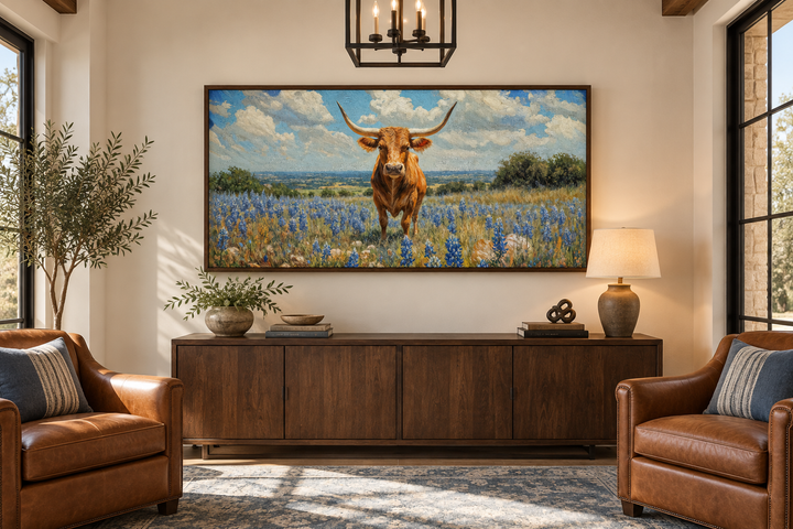 Framed canvas wall art of a Texas longhorn cow standing in a field of bluebonnets.