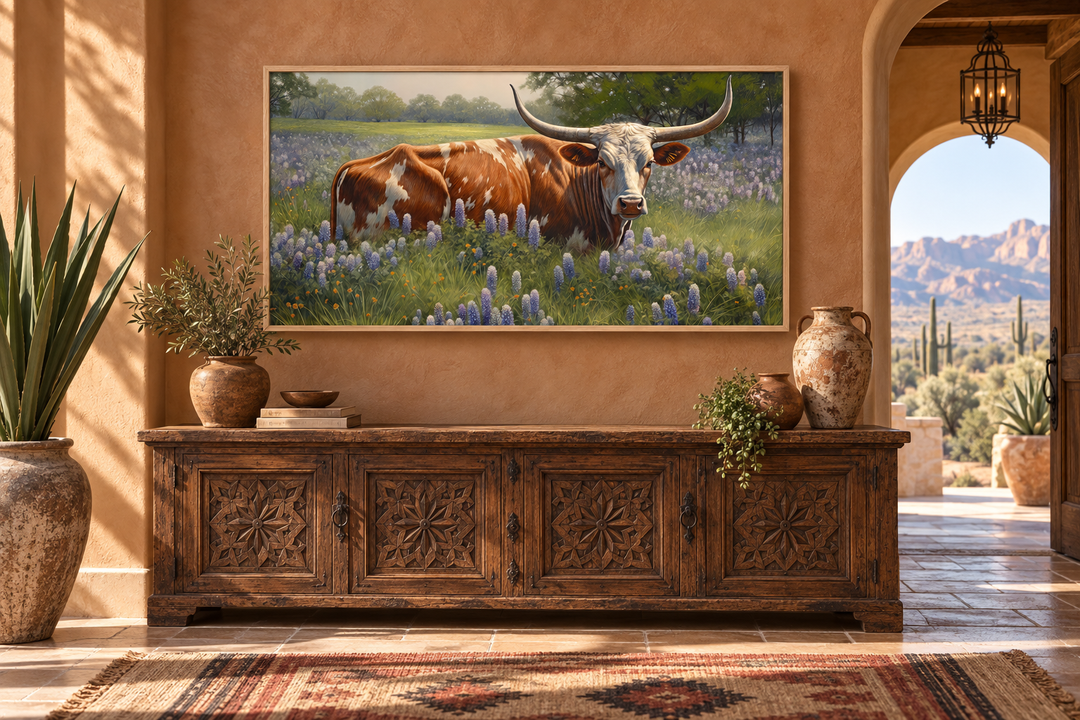 Framed canvas wall art of a Texas Longhorn cow standing in a field of bluebonnets.