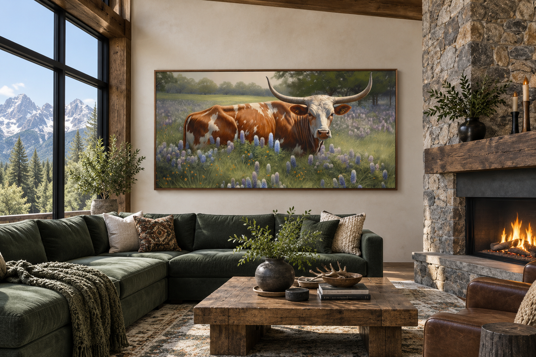 Texas Longhorn cow in a field of bluebonnets framed canvas wall art above a green sectional sofa.