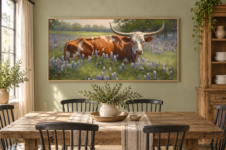 Framed canvas wall art of a Texas Longhorn cow in a field of bluebonnets above a dining table.