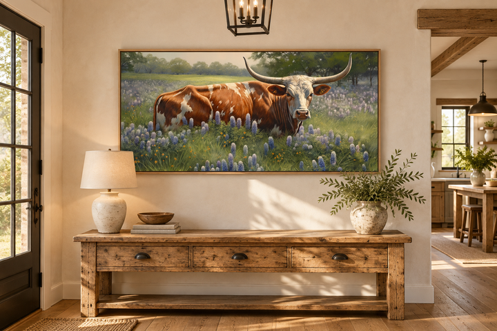 Framed canvas wall art of a Texas Longhorn cow in a field of bluebonnets above a wooden console table.