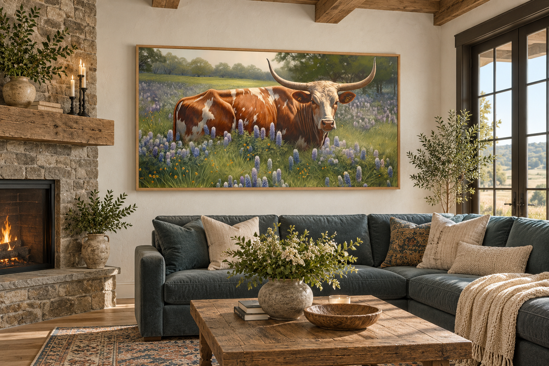 Framed canvas wall art of a Texas Longhorn cow in a field of bluebonnets above a sofa.