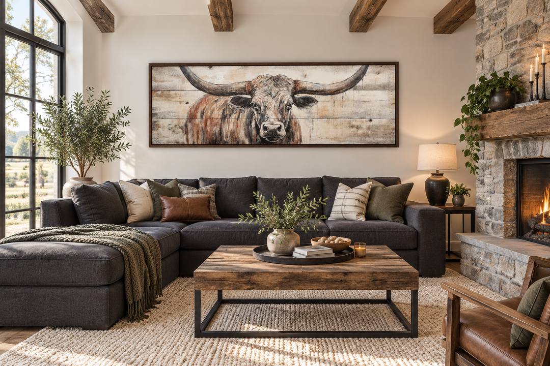 Texas Longhorn steer painted on wood effect horizontal framed canvas wall art above a dark sofa.