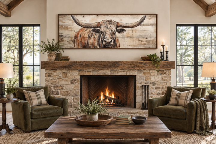 Texas Longhorn steer painted on wood effect horizontal framed canvas wall art above a fireplace.