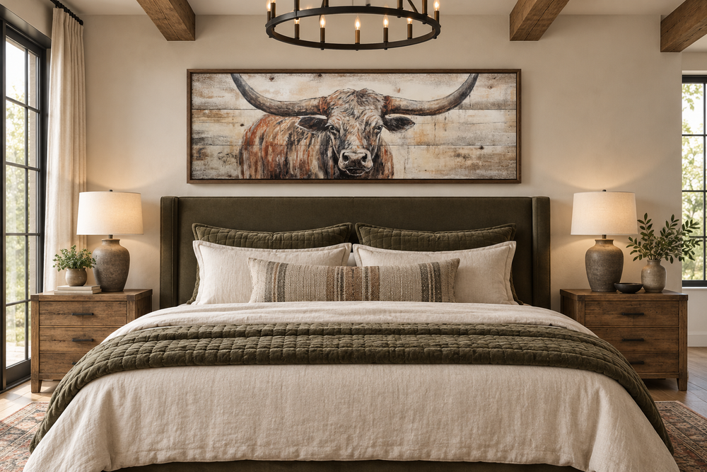 Framed horizontal canvas art of a Texas Longhorn steer with a painted wood effect above a bed.