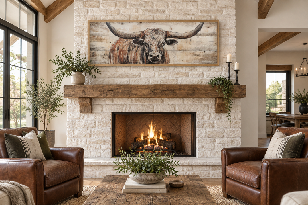 Texas Longhorn steer painted on wood effect, long horizontal framed canvas art above a fireplace.