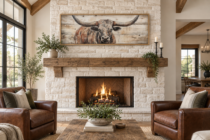 Texas Longhorn steer painted on wood effect, long horizontal framed canvas art above a fireplace.