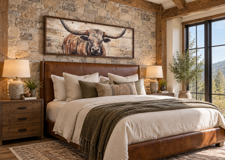 Texas Longhorn steer painted on wood effect horizontal framed canvas wall art above a leather bed.
