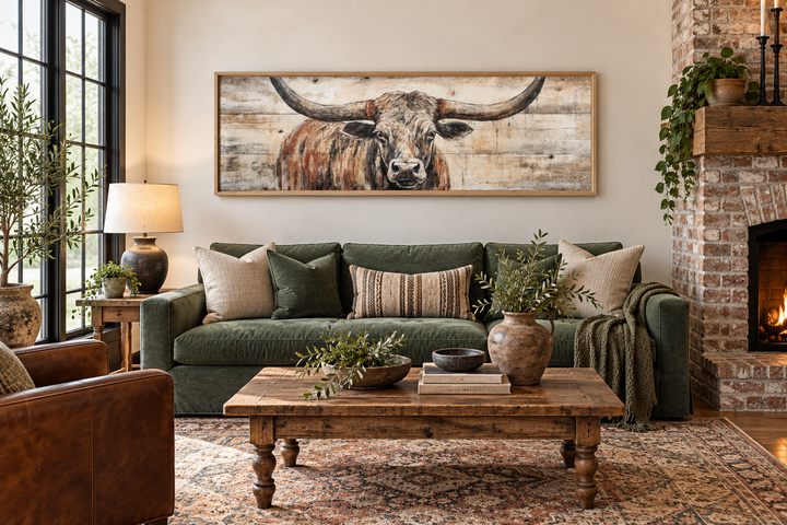 Texas Longhorn steer painted on wood effect, long horizontal framed canvas wall art above a sofa.